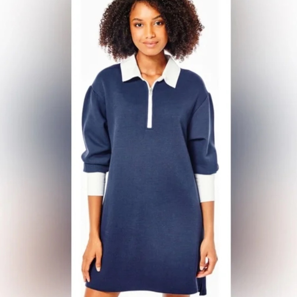 Addison Bay Navy Top with White Polo Collar and Half-Zip. Size L